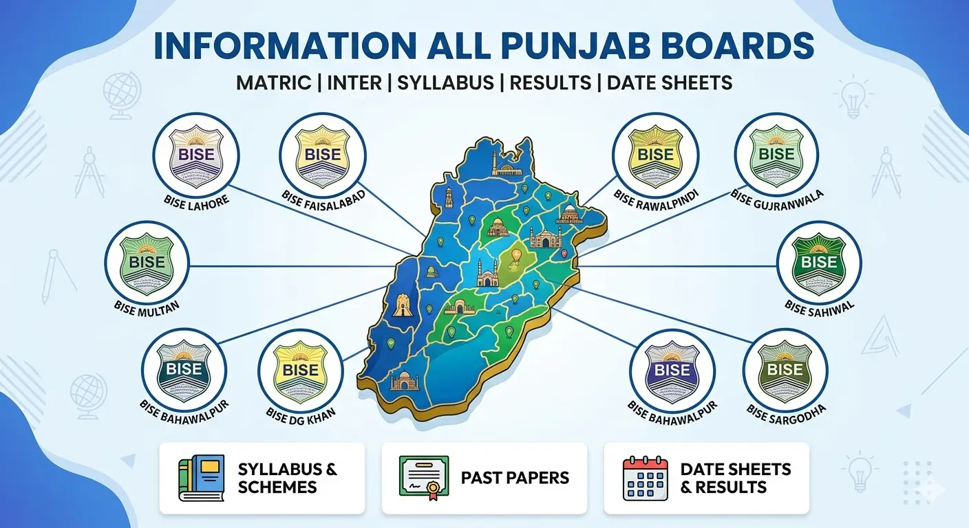 Map of Punjab Pakistan showing all 9 BISE educational boards including Lahore, Faisalabad, and Multan for Matric and Inter information.